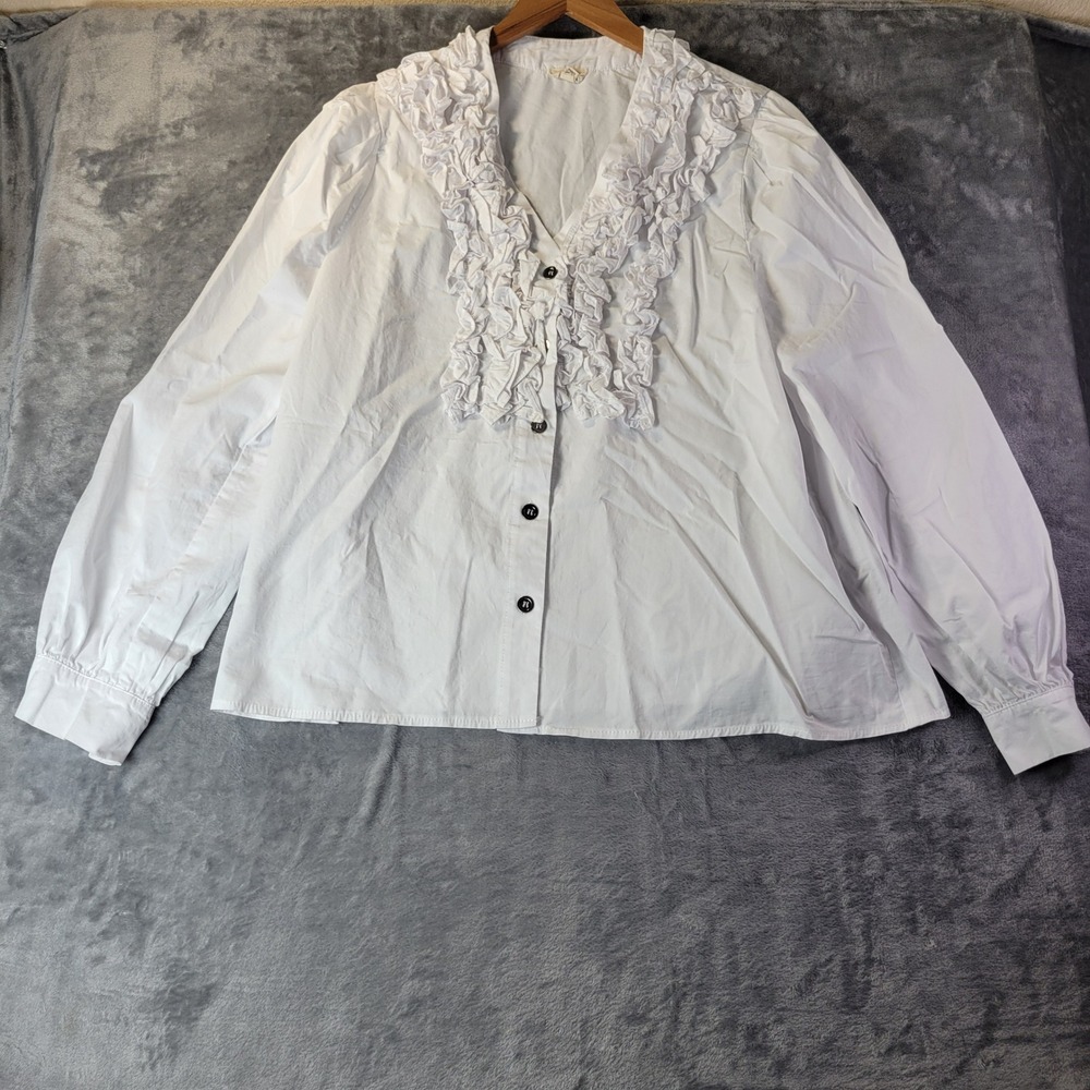POL White Ruffle Front Button Up Blouse Womens M Cottagecore Romantic Vintage - Picture 1 of 11